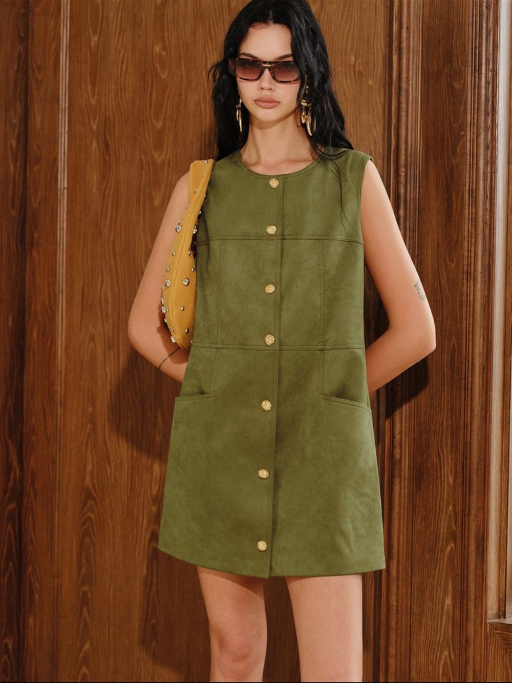Commense Suede Olive Green Sleeveless Button-Front Mini Dress